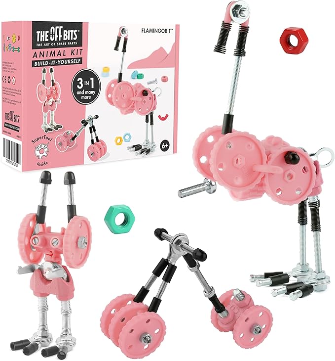 The Off Bits Erector Set: Animal Mini STEM Toys for Kids 6+ Toy Building Sets with Nuts &amp Bolts STEM Building Toys Gifts for Boys and Girls (Pink Flamingo)