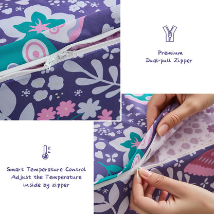 Anibedding 3Pcs Zip Up Bedding Comforter Set for Girls, Purple Butterfly All in One Zipper Twin Bedding Set with Pillowcase for Kids