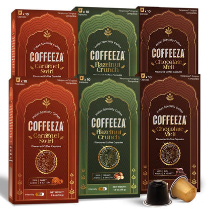 Coffeeza Variety Pack Flavoured – 60 Coffee Capsules (Pack of 6) – Original Line compatible – Specialty Indian Arabica Coffee – Recyclable Pods – Medium Roast – Flavored Espresso Pods