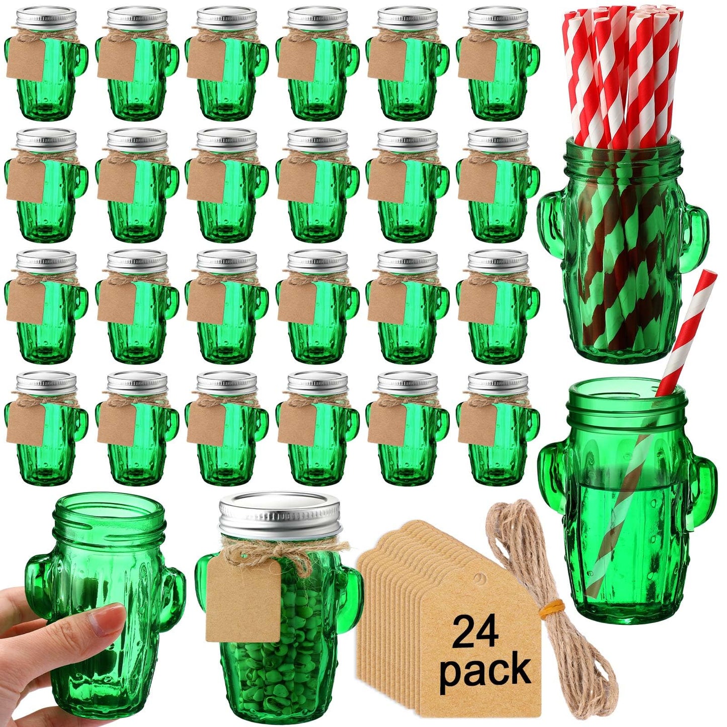 Maxcheck 24 Sets 3oz Cactus Mason Jars Shot Glasses with 24pcs Shot Glasses 24pcs Silver Lids 30pcs Straw, Glass Cactus Decor Favor Jars for Weddings, Decoration Parties DIY Drink Dessert Candle Craft