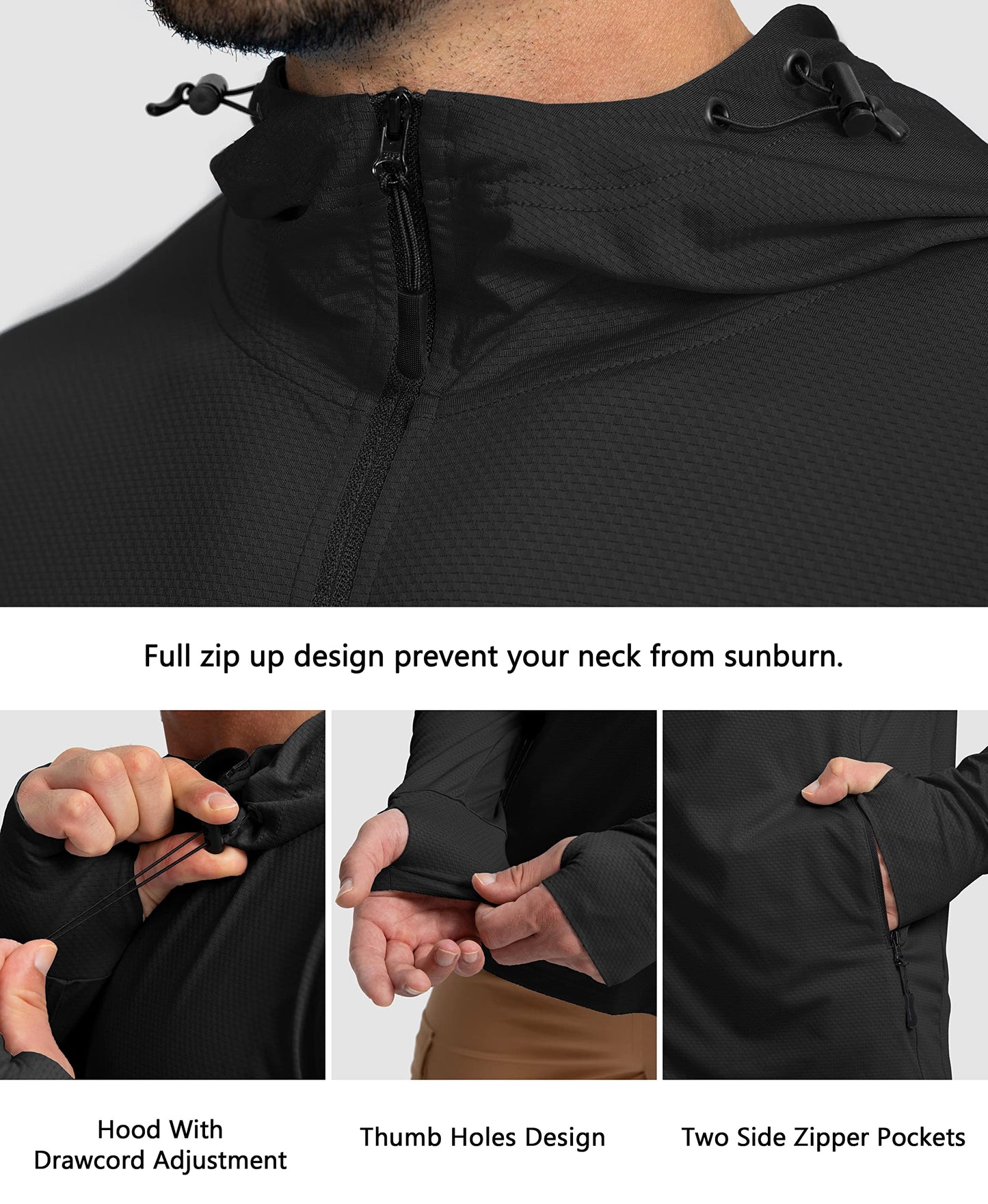 Men's UPF 50+ Light Jacket Full Zip Sun Protection Hoodie Long Sleeve Sun Shirts for Men Hiking Fishing Zip Pockets(Black_3XL)