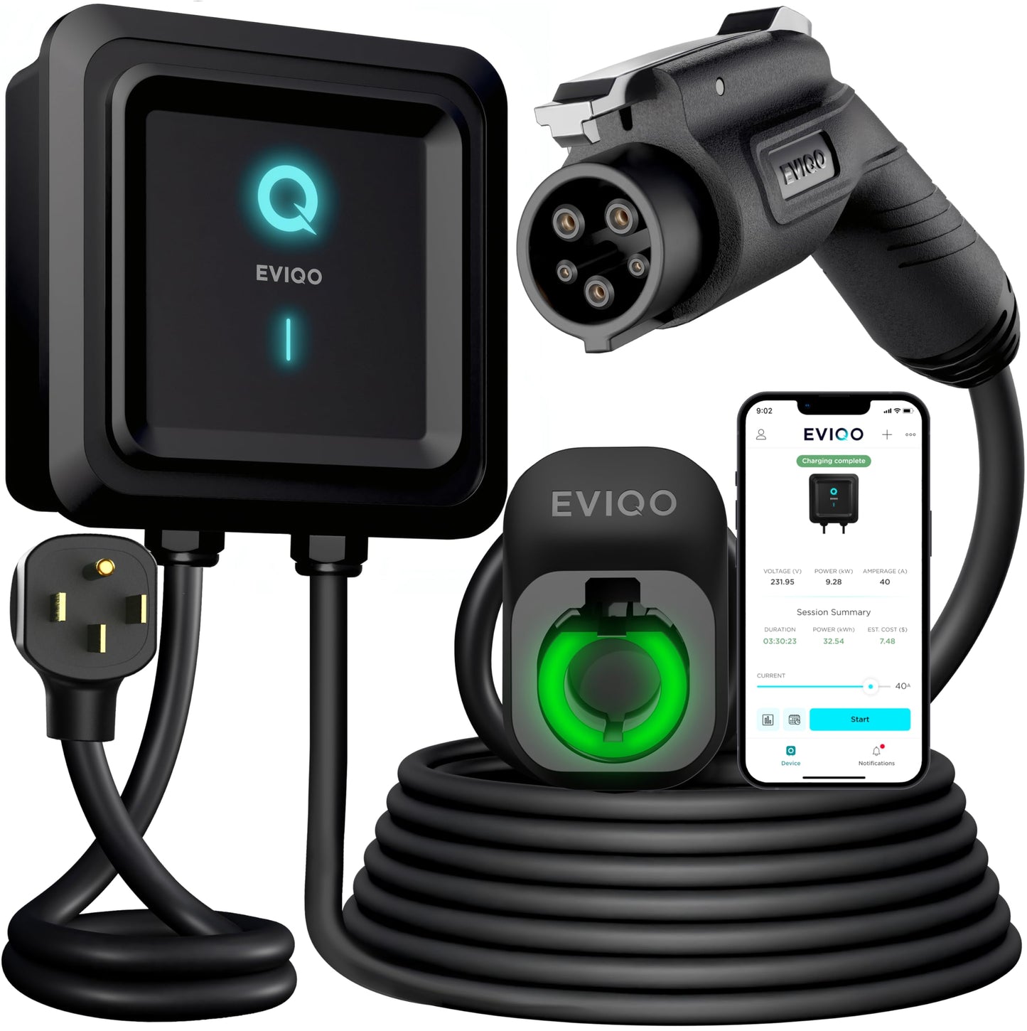 EVIQO Level 2 EV Charger, 40 Amp 240V, J1772 for Non-Tesla EVs, 25ft Cable, WiFi (2.4GHz) Smart App, Weatherproof Indoor/Outdoor (IP66, NEMA 4), UL & ETL Certified, NEMA 14-50 Plug-in, 9.6kW