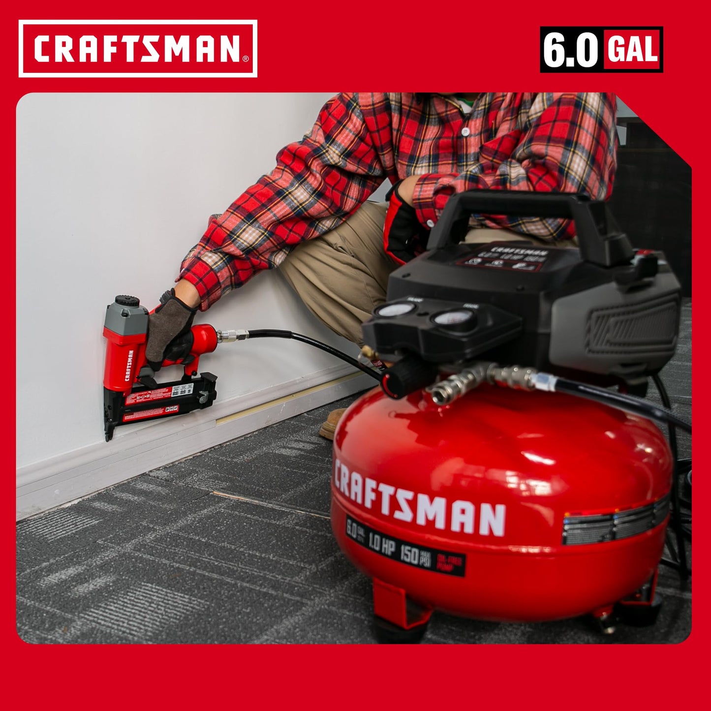 CRAFTSMAN 6 Gallon Pancake Air Compressor with 18GA Brad Nailer, Portable Oil-Free, 150 PSI, 2.6 SCFM @ 90 PSI, 10-Piece Accessory Kit, Model CMXECXA0210641D