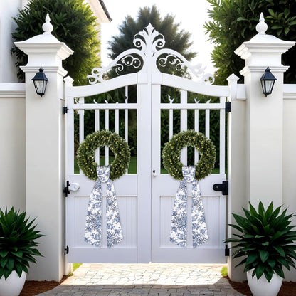Skiennix Chinoiserie Satin Blue & White Flower Wreath | 2-Piece Door & Wall Decor Set
