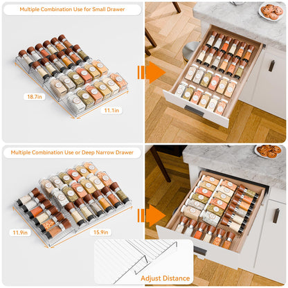 Yieach 8 Pack Adjustable In Drawer Spice Organizer - Expandable From 11'' to 22'' - Acrylic Drawer Seasoning Organizer,Clear Spice Organization Tray for Cabinet Drawers Condiment,Nail Polish and Jar