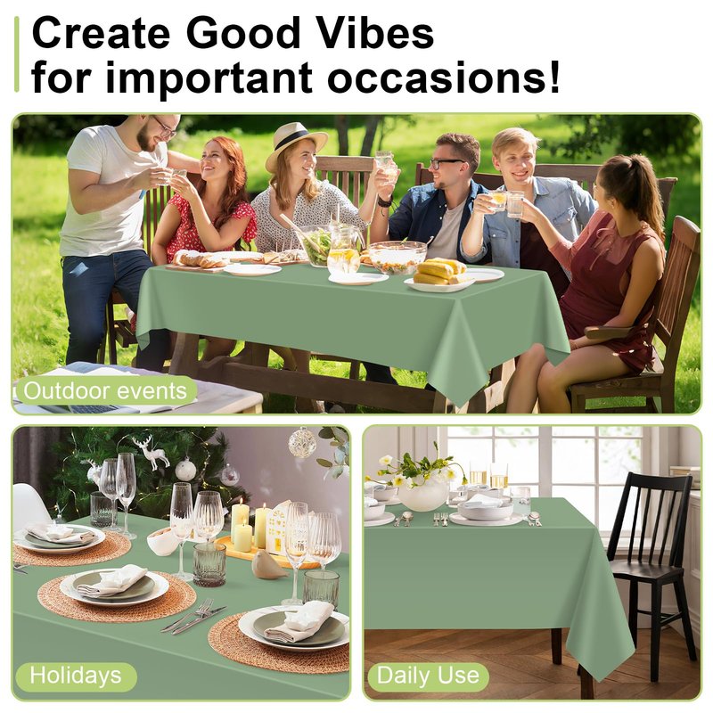 QIKSION Sage Green Plastic Table Cloth Disposable 3 Pack, 54 x 108 Inch Tablecloths for Baby Shower Birthday Bridal Wedding Party Decorations, Rectangle Table Cover