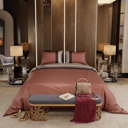 Stoa Paris Luxury Satin Queen Duvet Cover Set 3PCs, 300TC Silk-Like Bedding for Hot Sleepers, Skin & Hair Safe, Hidden Zipper + 2 Pillow Shams 20x30”, No Comforter Included, Vogue - Caramel, Wine