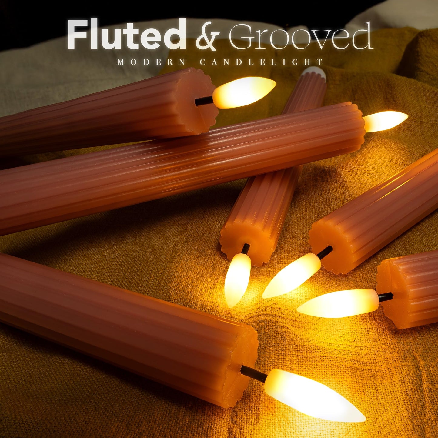 West Ivory 12 Pack, 10" LED Flameless Dusty Rose Fluted Ribbed Grooved Taper Candles, Remote & 24h Timer Memory, On/Off Button, Dimmable, Flicker Mode, Battery Operated, Christmas Menorah Wedding