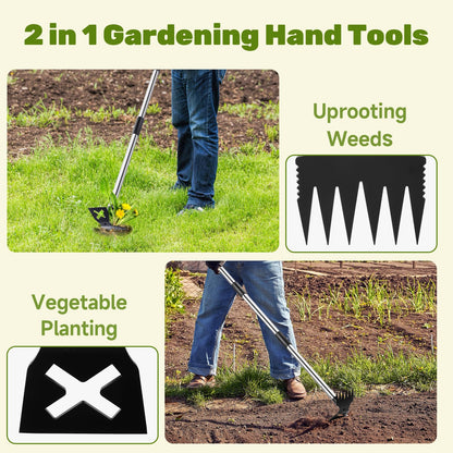 60" Weed Puller Tool with Long Handle and 17" Weeding Tools Gardening Set, Dual Side Hand Weed Rake and Hoe Garden Weeder, Uprooting Weed Pulling Remover Tool for Yard, Patio, Lawn and Garden Planting