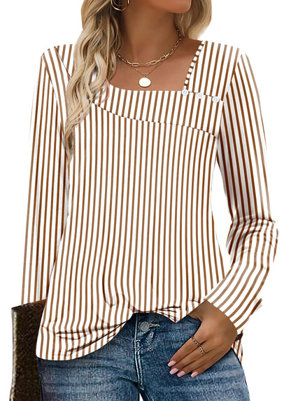 OFEEFAN Long Sleeve Shirts for Women Fall Clothes Asymmetric Square Neck Tunic Tops Decorative Buttons
