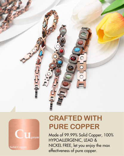 Feraco Pure Copper Bracelets for Women, Ultra Strength Magnetic Copper Bracelet with 3800 Gauss Magnets, Natural Turquoise & Stones, Adjustable, Jewelry Gift