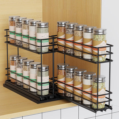 Pull Out Spice Rack Organizer for Cabinet, Slide Out Spice Racks, Easy to Install, 2.1''Wx10.35''Dx8.26''H, 3 Drawers 2 Tiers(Black)