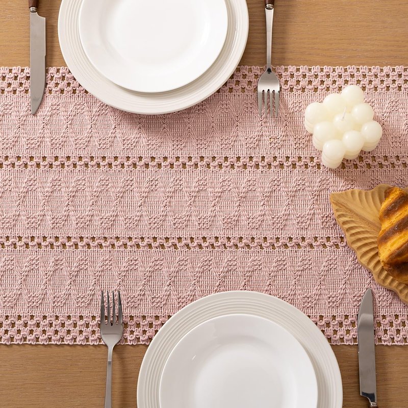 Socomi Boho Table Runner Summer Farmhouse Rustic Dining Kitchen Centerpiece Decor Long Macrame Woven Cotton Linen Coffee Table Runner for Dresser Scarf Home Decor 12x108 in Pink