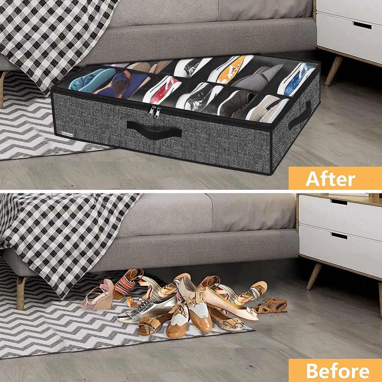 Onlyeasy Sturdy Under Bed Shoe Storage Organizer, Set of 2, Fit 12 to 24 Pairs, Underbed Shoes Closet Storage Solution with Clear Window, Breathable, L29.3"x W23.6"x H5.9", Linen-like Black, MXAUBSB2P
