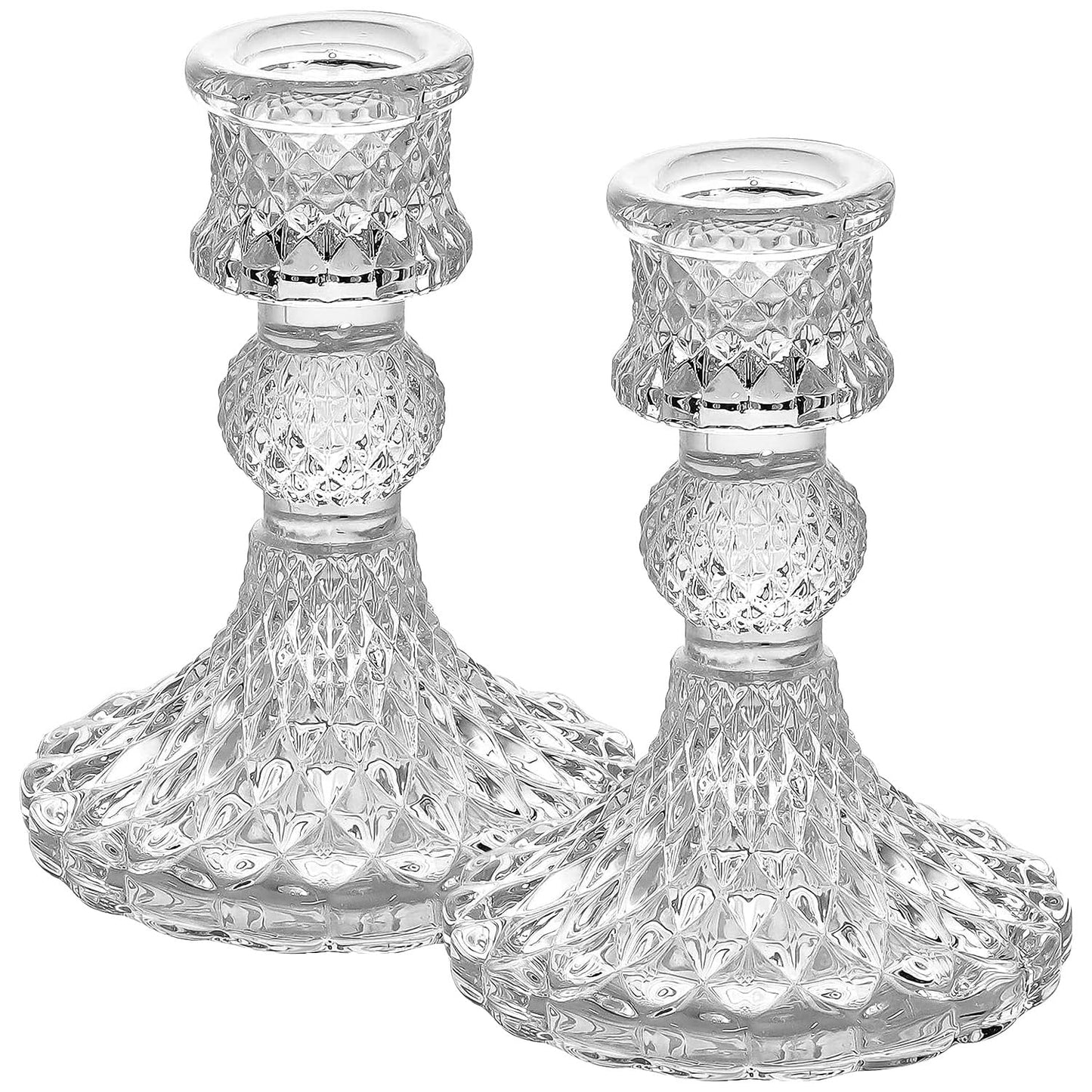 Clear Glass Candlestick Holders Set of 2，Taper Candle Holders Fit 0.8 Inch Candles, Crystal Decorative Candle Stand Centerpiece for Table Wedding Dinning Party 4 Inch Tall