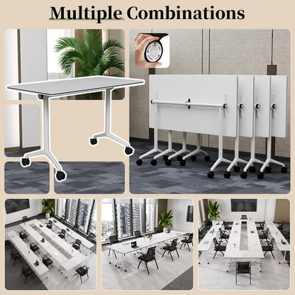 Modular Folding Conference Table with Wheels,6 Pack Mobile Conference Room Tables,Filp Top Rolling Meeting Training Tables for Office,Classroom,Library,Seminar,Boardroom,school(6pack,White,61in)