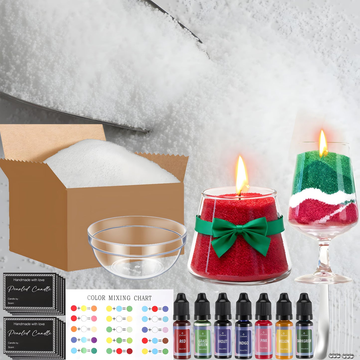 MTLEE Pearled Candle Sand Wax, 70 Oz/ 4.38 lb, 8 Colors Scented Sand Candle Kit with 50 Wicks, Acrylic Mixing Bowl, Spoon, 15 Stickers for Christmas Friends Mother Lover Women Gift