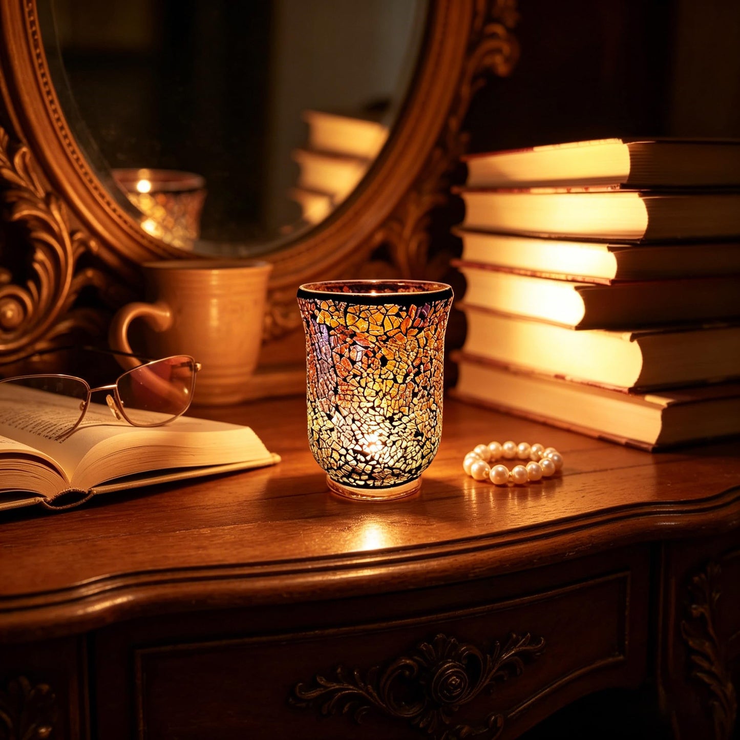 Glass Candlestick Romantic Mosaic Broken Candlelight Aromatherapy Candle Cup for Valentine's Day Christmas Thanksgiving Tables Center of Party Decorations(NO Candles)