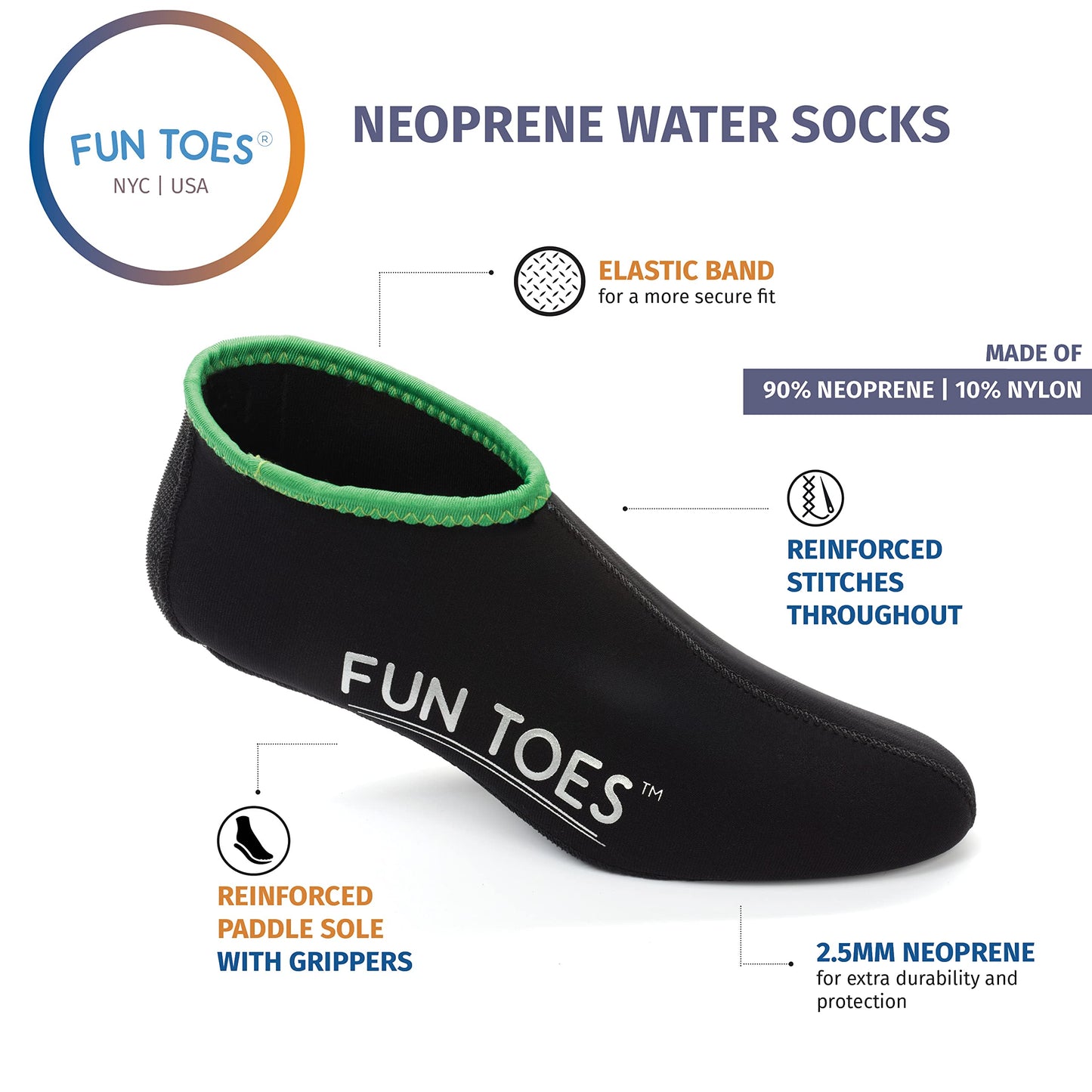 FUN TOES Neoprene Socks for Water Sports for Women & Men - 2 PAIRS of Snorkel Fin Socks for Scuba Diving, Snorkeling, Paddling, Boarding, Jetskiing & More 2.5MM (Black, M Men 7-8.5 Women 8.5-10)