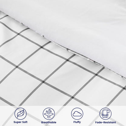 SLEEP ZONE 7 Pcs Comforter and Sheet Set Queen Size, Grey Grid Luxury Fluffy Soft Down Alternative Comforters with Flat Sheet, Fitted Sheets, Pillowcase, White