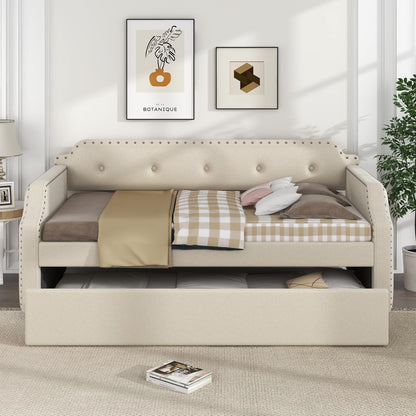 Merax Upholstered Daybed with Trundle, Wood Slat Support,Upholstered Frame Sofa Bed, Twin, Beige