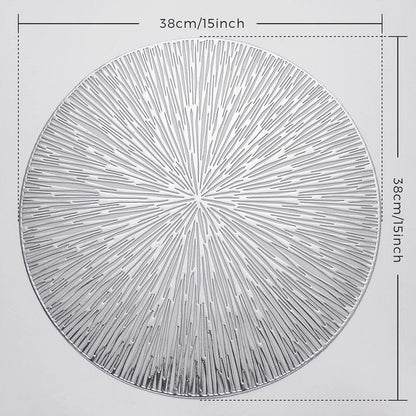 Evevda Placemats for Dining Table Set of 6 Round Hollow Out Table Mats Pressed Metallic Vinyl Plastic Place Mats Table Decoration for Holiday Wedding Accent Centerpiece(Silver Radial Circle)