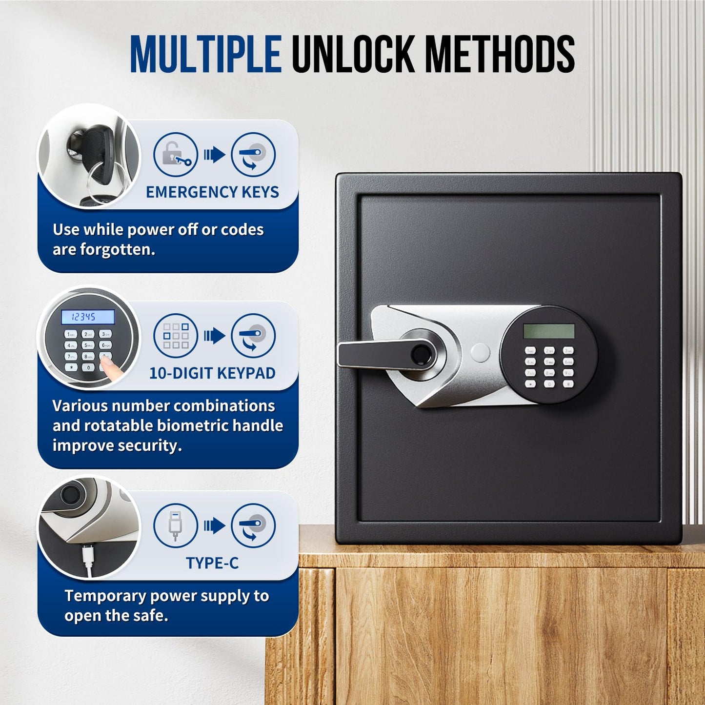 BlackSmith Biometric Safe Box 1.5 Cub Home Security Safe Fingerprint Recognition Money Safe with Keys Keypad Lock Box Secure Jewelry Valuables with Dual Alarm System Fireproof Bag, Black