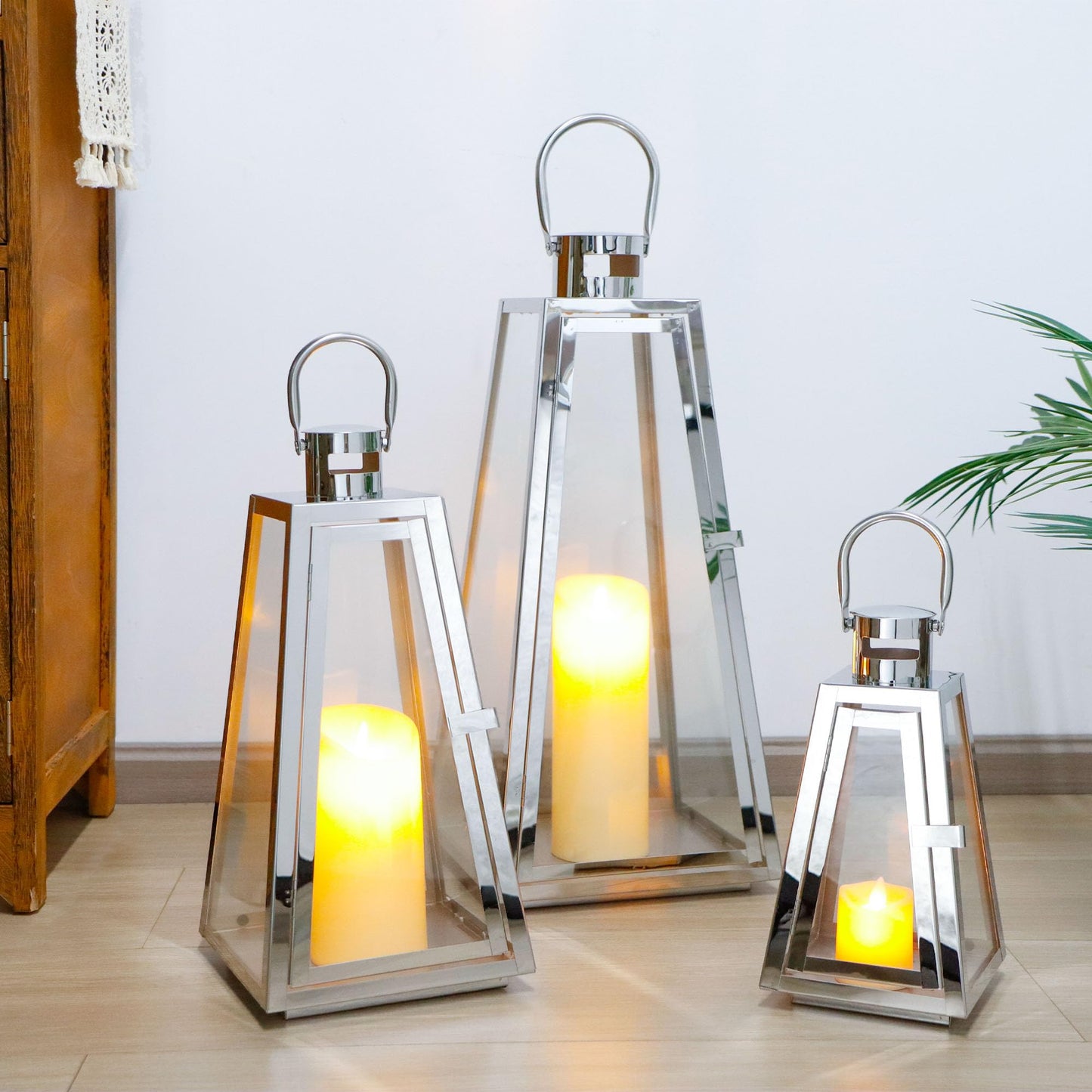 TRIROCKS Set of 3 Stainless Steel Candle Lantern 21''&16''&11'' High Metal Candle Holder with Tempered Glass Panels for Christmas Home Decor Living Room Parties Events Indoors Outdoors (Silver