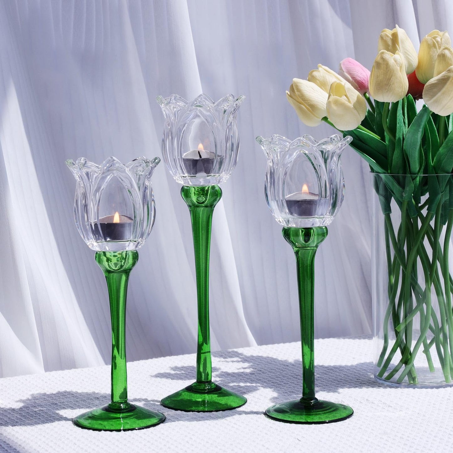 VOHO Tulips Glass Clear Candle Holder Decor for Home Living Room, 3pcs Varying Heights Tealight Candle Holder Wedding Centerpieces for Tables, White Flower Tall Votive Candle Holders Gifts for Friends