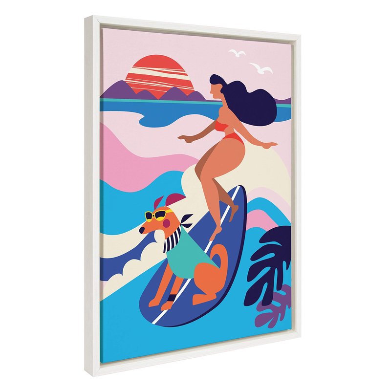 Kate and Laurel Sylvie Mid Century Modern Surf Dog Framed Canvas Wall Art by Rachel Lee of My Dream Wall, 18x24 White, Tropical Surfing Art for Wall