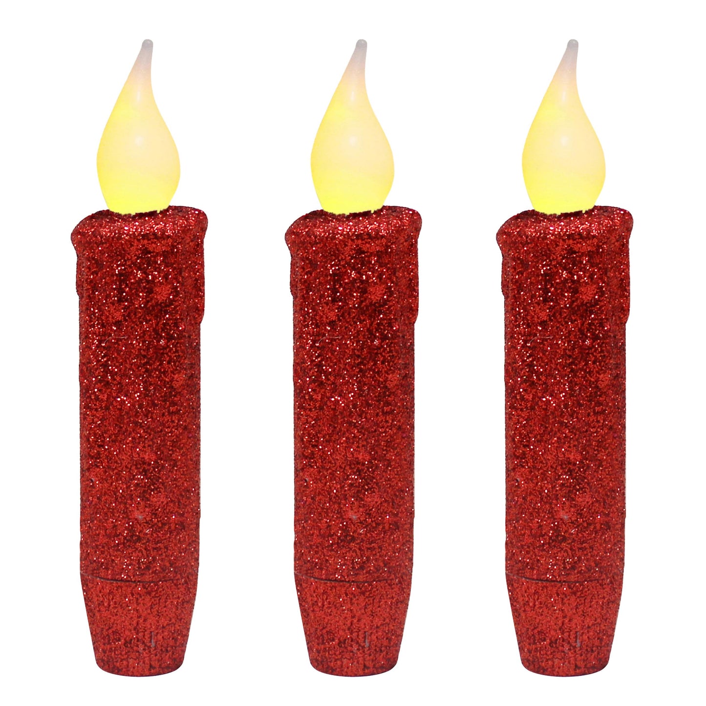 CVHOMEDECO. Glitter Flameless Candles Flickering Battery Operated LED Taper Candles with Timer for Home, Wedding, Halloween, Christmas Decor. Red, 4-3/4 Inch, Set of 3