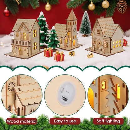 Rustic Christmas Village Houses by [Brand Name] - LED Light Wooden Decor for Holiday Centerpieces | 3 Pcs Set