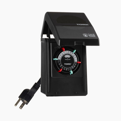 NSi Industries TORK RHB32R Indoor/Outdoor 15-Amp Plug-in Heavy Duty Mechanical Timer 24-Hour Programming – GREEN & RED Trippers TWO Receptacles Black Cover