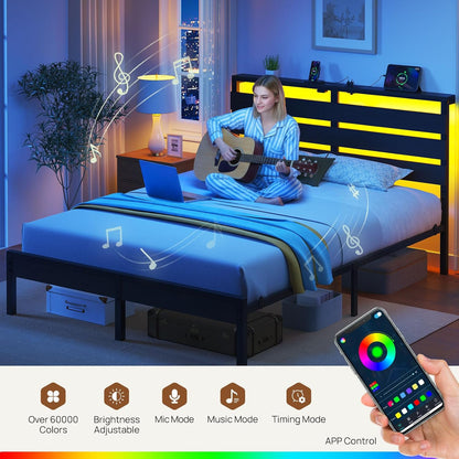 Rolanstar Full Size Bed Frame - LED Platform Bed with USB Charging Station & Wood Storage Headboard - Black