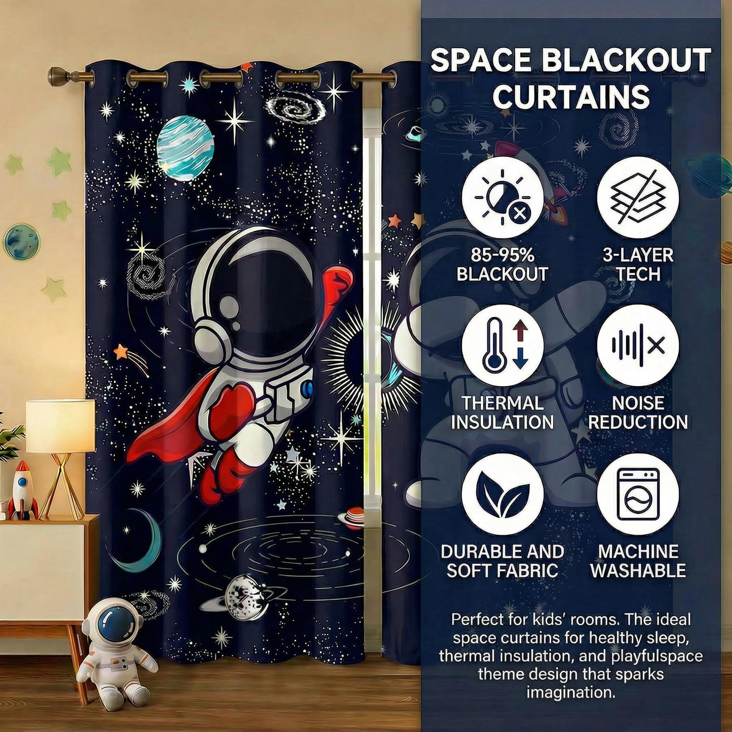 Space Curtains for Boys Room – Astronaut Themed Blackout Grommet Drapes, Thermal Insulated Outer Space Curtains Panels for Kids Bedroom, 42 x 45 Inch