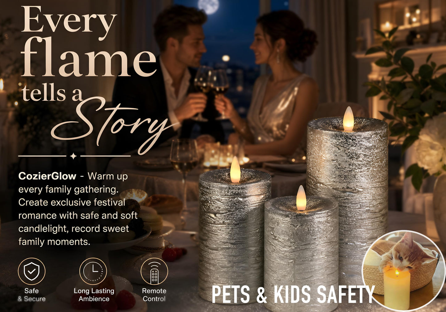 CozierGlow Shiny Metallic Silver Flameless Pillar Candles, Patented 3D Realistic Moving Flickering Flame with Remote Timer, Battery Operated 400hrs for Wedding, Holiday, Party, Decor, Gift(Set of 3)