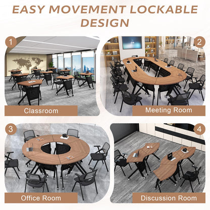 JFazzruit Folding Conference Table,Fan-Shaped Conference Room Tables with Wheels, Mobile Modular Seminar Meeting Desk for Classrooms,Office & Seminar (8, Fan-Walnut)