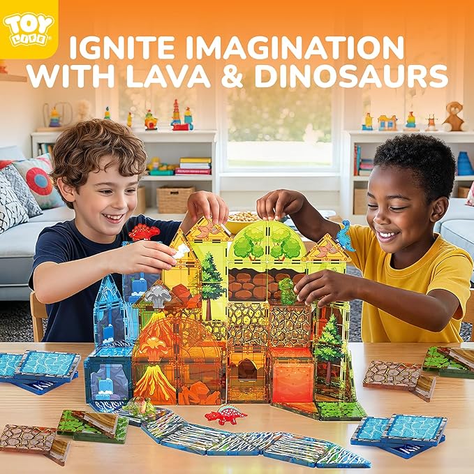 TOY Life 79PCS Magnetic Tiles Dinosaur Toys Set Magnet Building Blocks Lava Dino World for Kids Ages 3-5 Jungle Animals Construction Toys for Toddlers 4-8 STEM Educational Gift for Boys &amp Girls