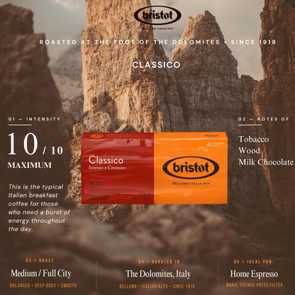 Bristot Classico Italian Breakfast Ground Espresso – Medium Roast Coffee – Intense & Creamy Flavor – 4-Pack (250g Each, 2.2lb Total) – For Moka, French Press & Pour Over – Roasted in Italy