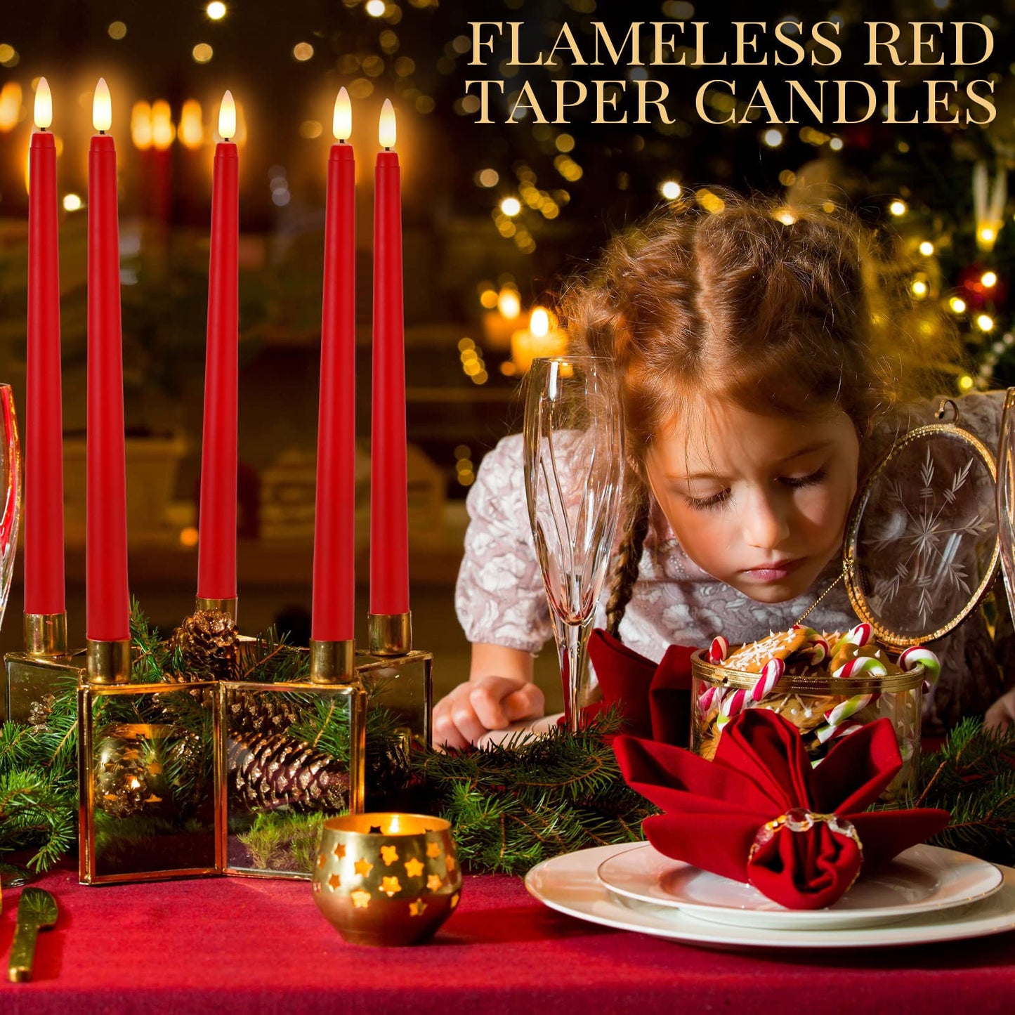 Macarrie 24 Packs Flameless Taper Candles Battery Operated Fake 11 Inch Long Candlelight LED Flameless Candlesticks Flickering Tapered for Spring Summer Wedding(Red)
