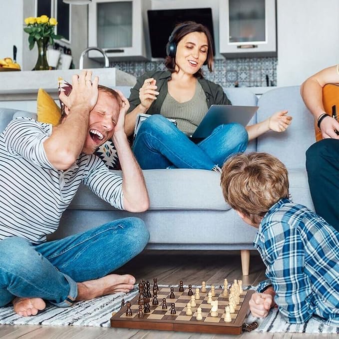 15 Wooden Chess Set with Magnetic Pieces - Extra Queens - Folding Chessboard Portable Travel Tournament Chess Board Games for Adults Kids