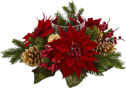 Nearly Natural Poinsettia Candelabrum - Red Artificial Silk Arrangement with Berries & Pine Cones | 6"D x 14"W x 14"H