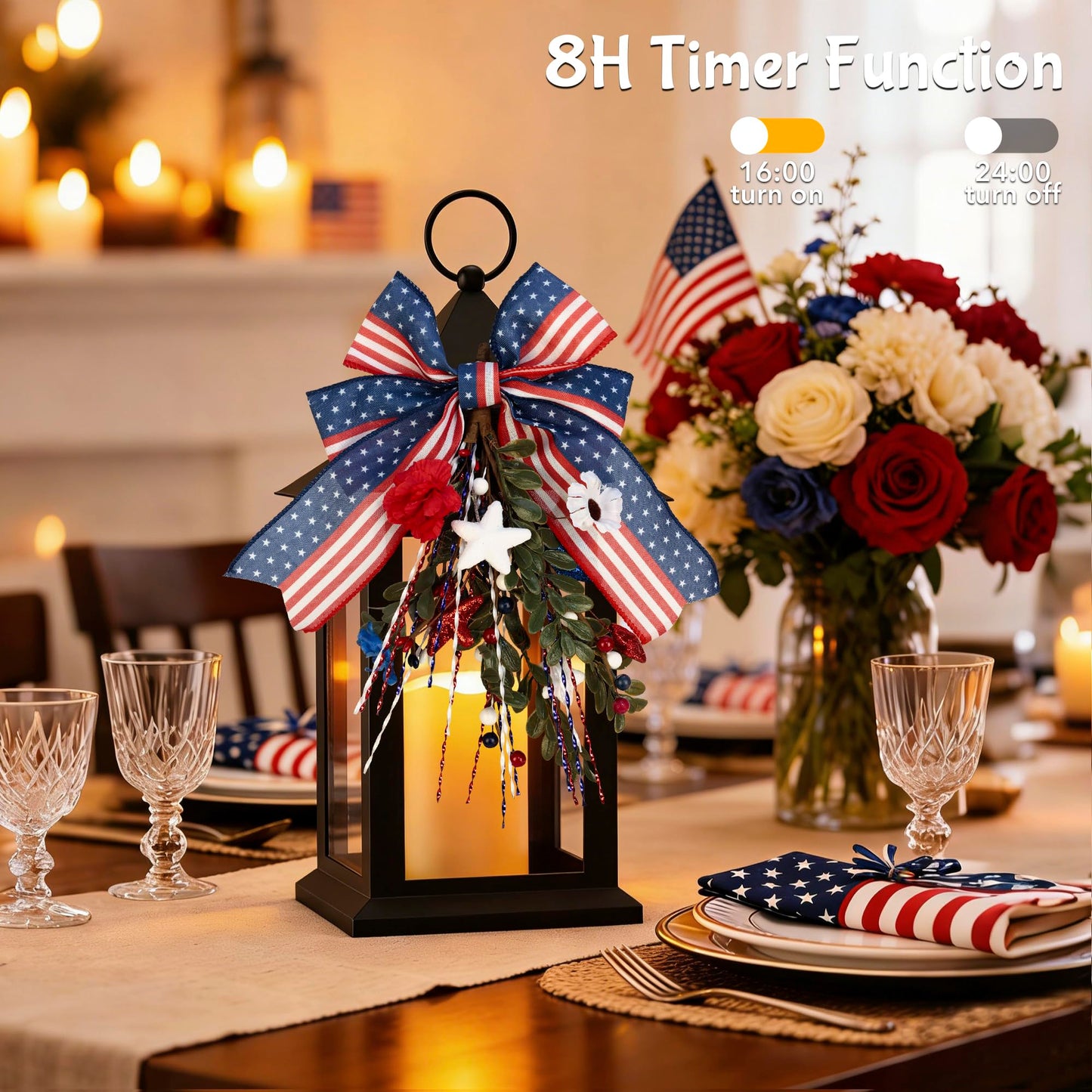 JOHUNT Patriotic Lanterns Decorative Indoor, 14" Black Lantern with Timer Flameless Candle, Battery Operated Waterproof Outdoor Hanging 4th of July Lanterns for Porch, Patio, Patriotic Decorations