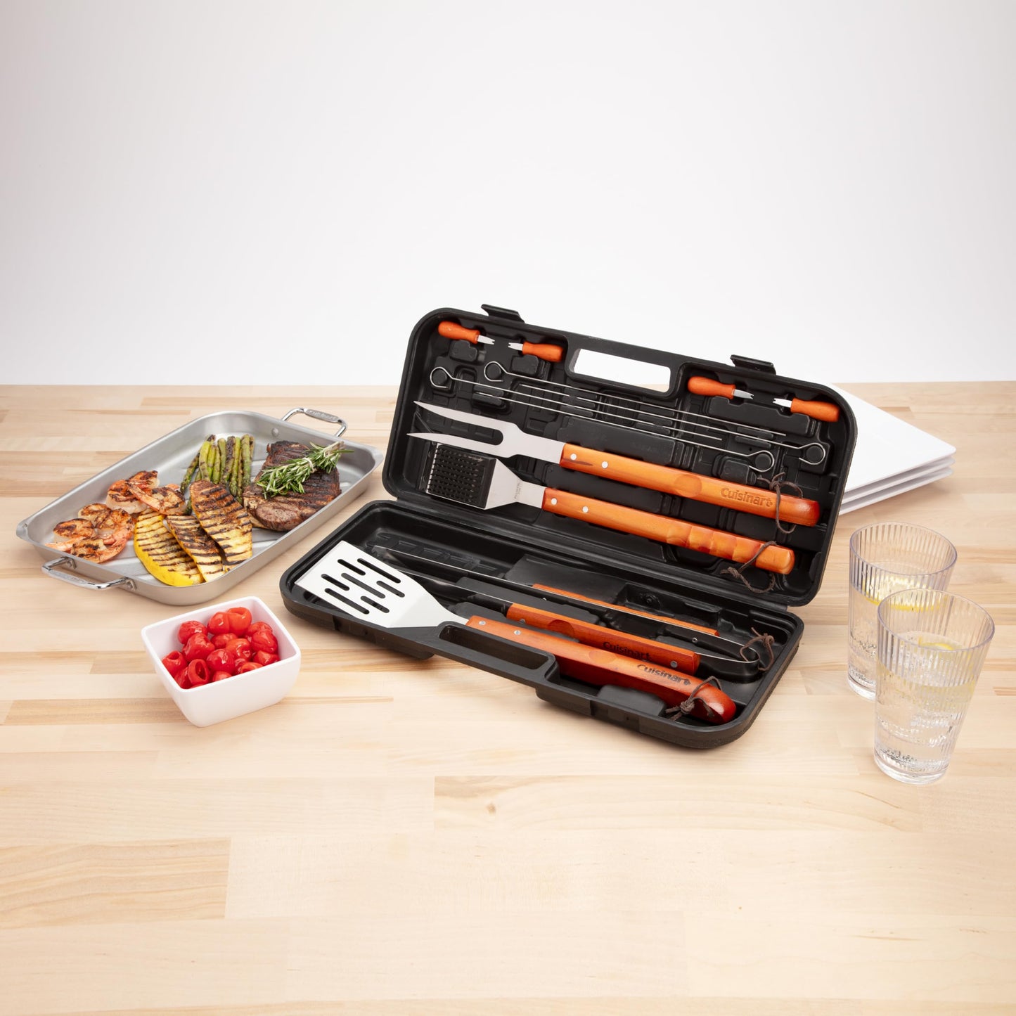 Cuisinart 13-Piece Wooden Grill Tool Set, BBQ Accessories and Grill Tools, Durable Stainless-Steel Utensils with Recycled Plastic Case, Spatula, Tongs, Cleaning Brush & More, Grilling Gifts for Men