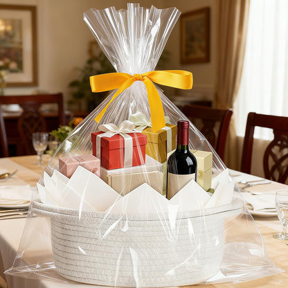 woric Woven Basket Gift Basket Storage Baskets with Handles for Wedding Gifts Empty Mothers Day Graduation Gifts Stuffers Baby Shower Toy (White 12"X 8" X 5" with Gift Bag Card Ribbon Tissue Paper)