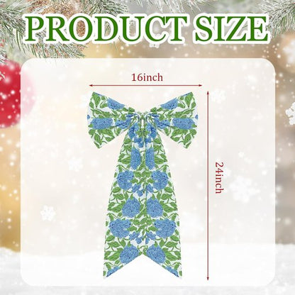 HunnmingRe Hydrangea Bow Wreath Sash - 24 x 16 Inch Holiday Floral Decor for Front Door | Blue Green