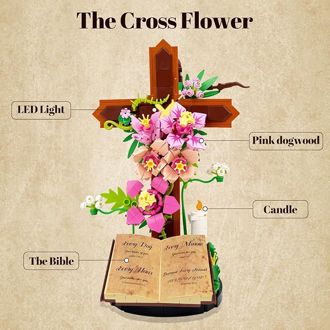 Jesus Cross SetFlower Building Block Set for Adults Faith Inspired Crucifix Brick Model with Floral Design Religious Home Desk Decor Christian Gift for Easter Prayer Room