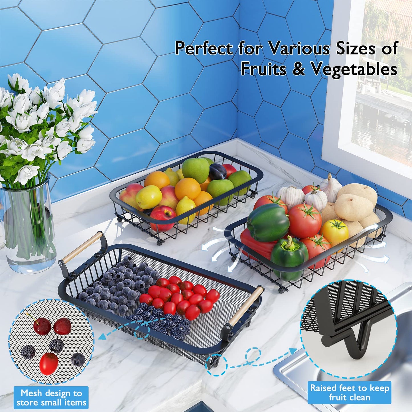 ANTOPY 3 Tier Fruit Basket with 2 Banana Hangers, Countertop Fruit Vegetable Basket Bowl for Kitchen Counter Metal Mesh Basket Fruits Stand Produce Holder Organizer for Onion Potato Bread Snack Veggie