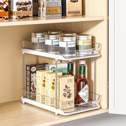 Delamu 2-Tier Multi-Purpose Bathroom Under Sink Organizers and Storage, Stackable Kitchen Pantry Organization, Pull Out Medicine Cabinet Organizer with Movable Dividers, White, 2 Pack