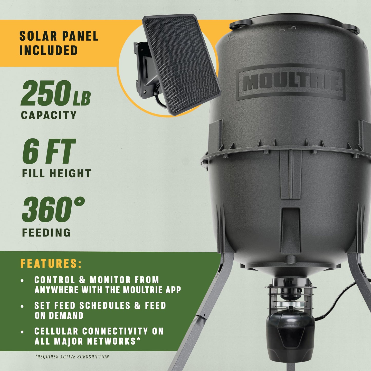 Moultrie Deer Feeder Connected - 250 lb Cellular Tripod Feeder - 6V Spincast, Feed Level Detector - Nationwide 4G LTE Auto-Connect - Cellular Monitoring and Programming